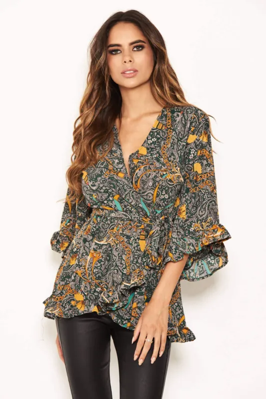 Green Printed Wrap Frill Top sold by AX Paris