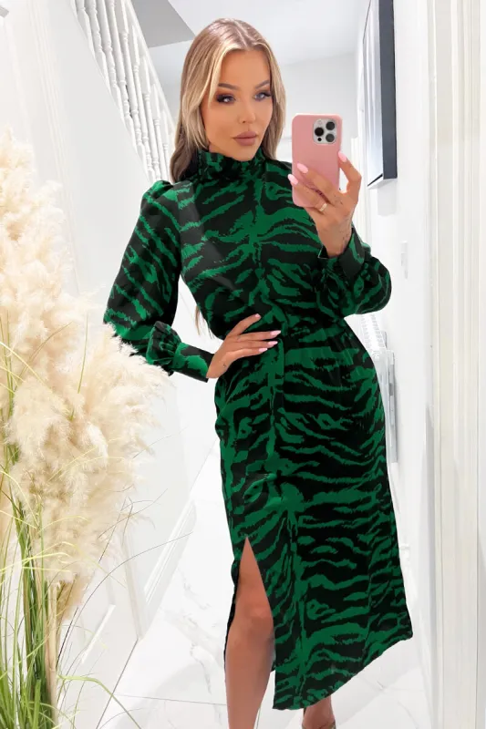 Green Animal Print High Neck Long Sleeve Midi Dress sold by AX Paris