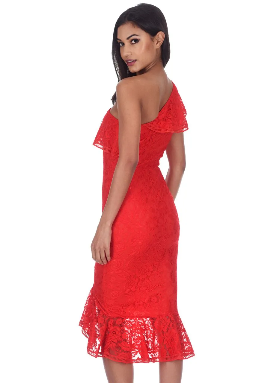 Red Bodycon Frill One Shoulder Midi Dress sold by AX Paris product image thumbnail 3