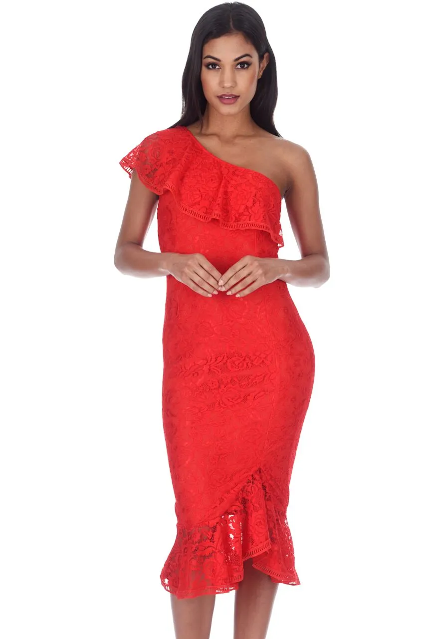 Red Bodycon Frill One Shoulder Midi Dress sold by AX Paris product image thumbnail 4