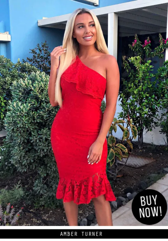 Red Bodycon Frill One Shoulder Midi Dress sold by AX Paris