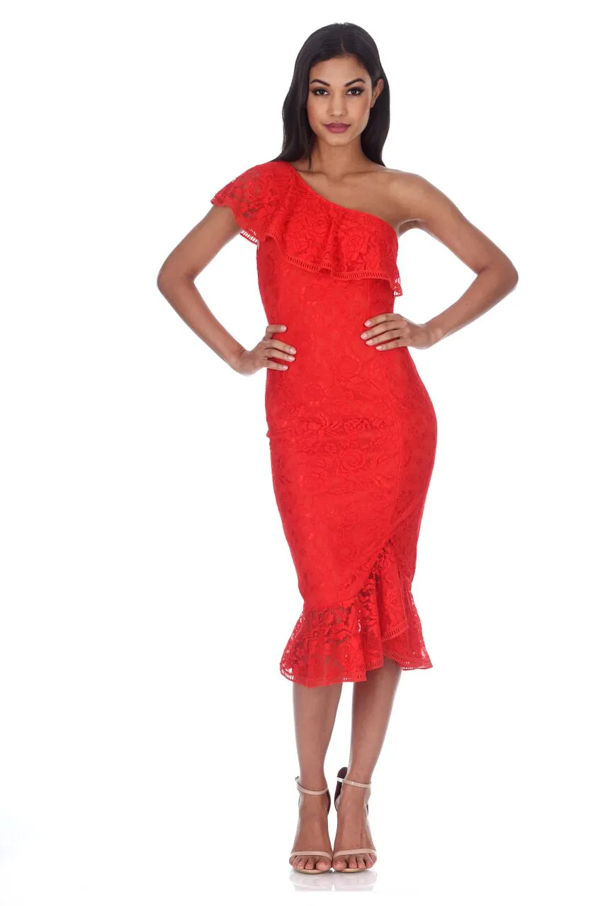 Red Bodycon Frill One Shoulder Midi Dress sold by AX Paris product image thumbnail 2