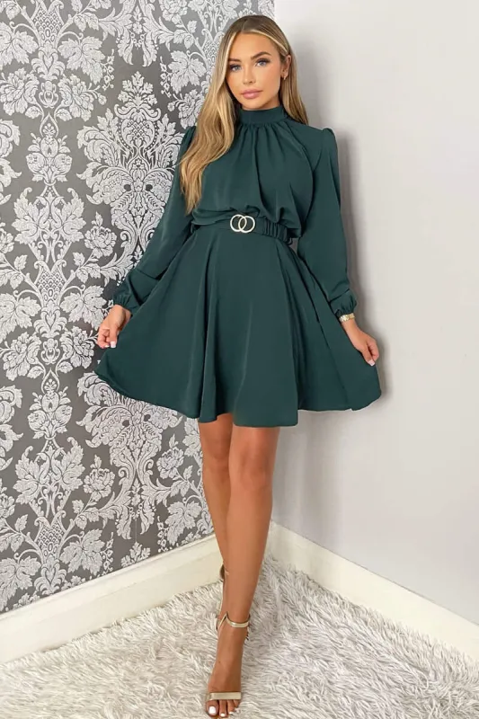 Teal High Neck Long Puff Sleeve Belted Skater Dress sold by AX Paris
