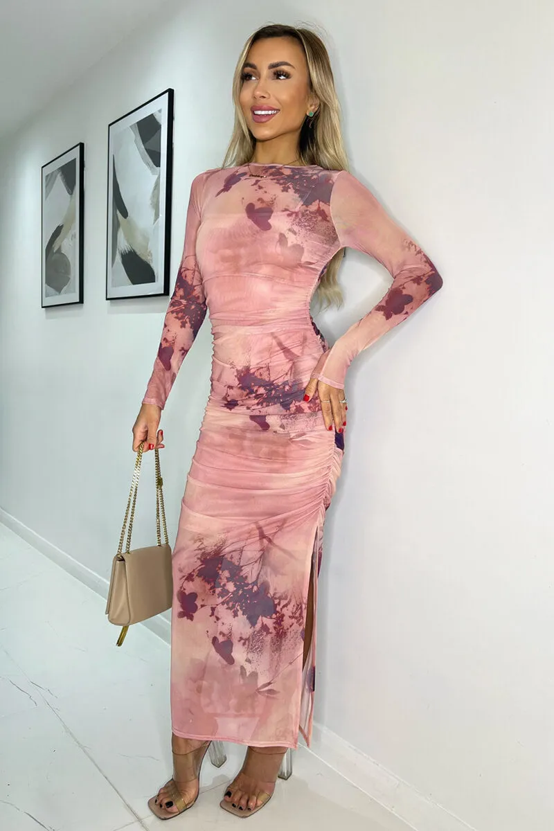 Blush Printed Mesh Overlay Long Sleeve Bodycon Midi Dress sold by AX Paris product image thumbnail 4
