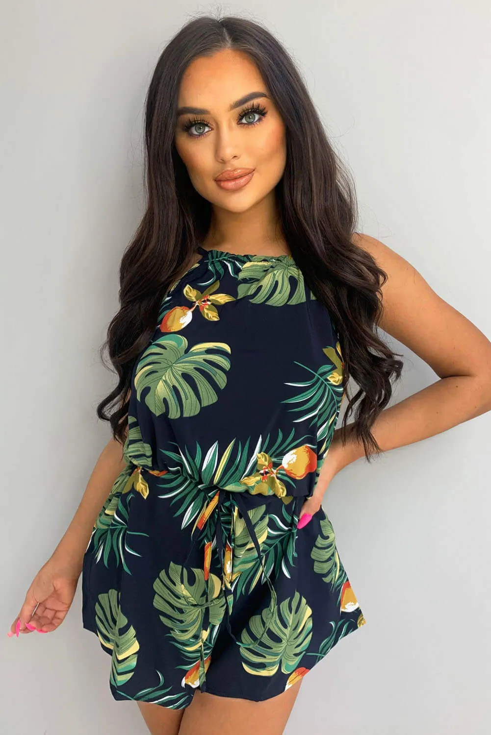 Navy Tie Waist Tropical Print Playsuit sold by AX Paris