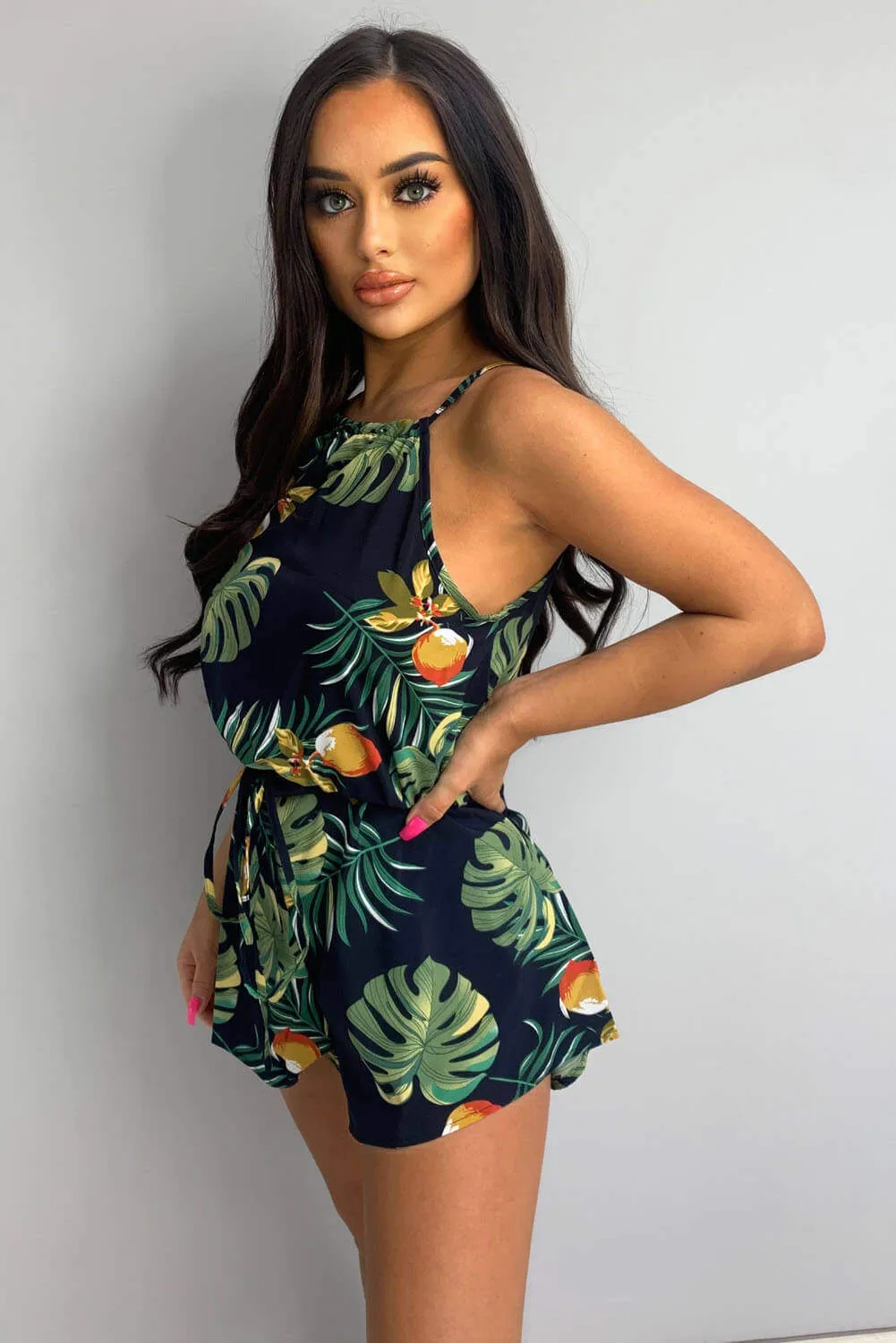 Navy Tie Waist Tropical Print Playsuit sold by AX Paris product image thumbnail 2