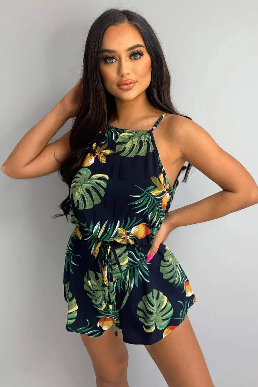 Navy Tie Waist Tropical Print Playsuit sold by AX Paris product image thumbnail 3