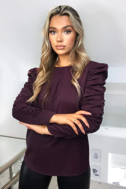 Plum Ruched Sleeve Top sold by AX Paris