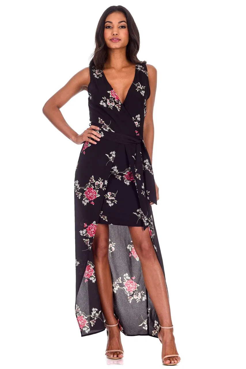 Black Floral V-Neck Wrap Skirt Dress sold by AX Paris