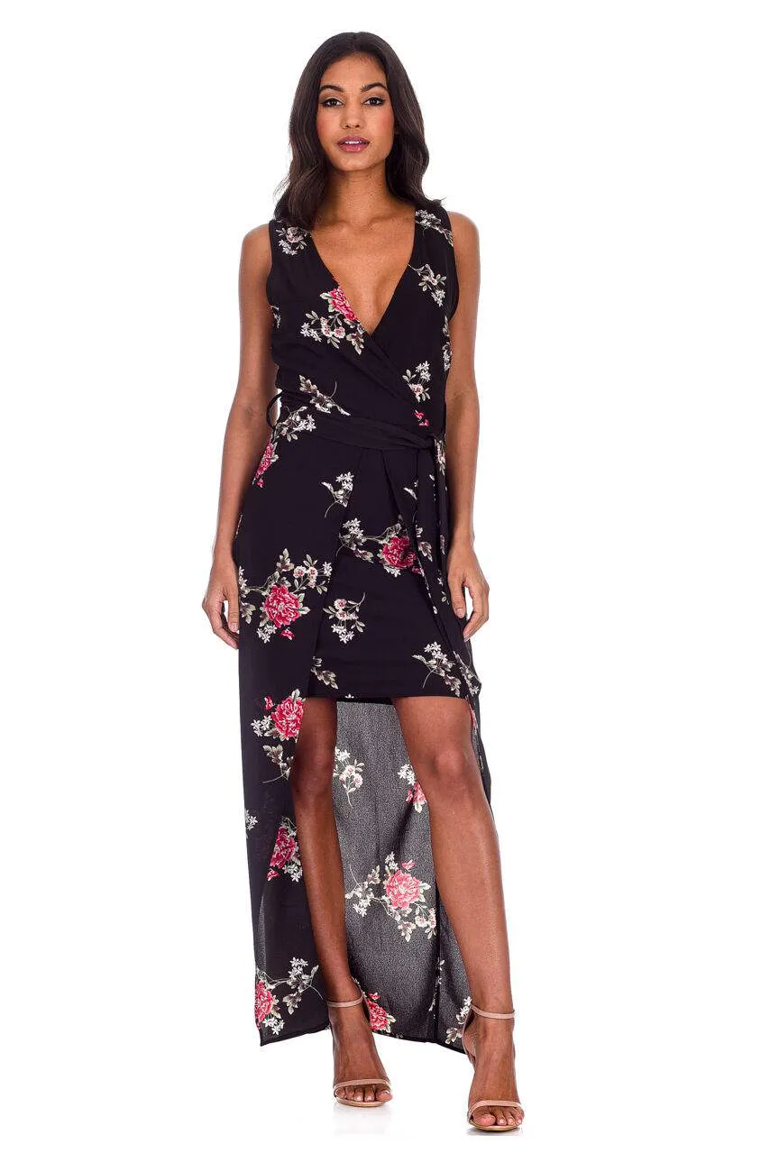 Black Floral V-Neck Wrap Skirt Dress sold by AX Paris product image thumbnail 2