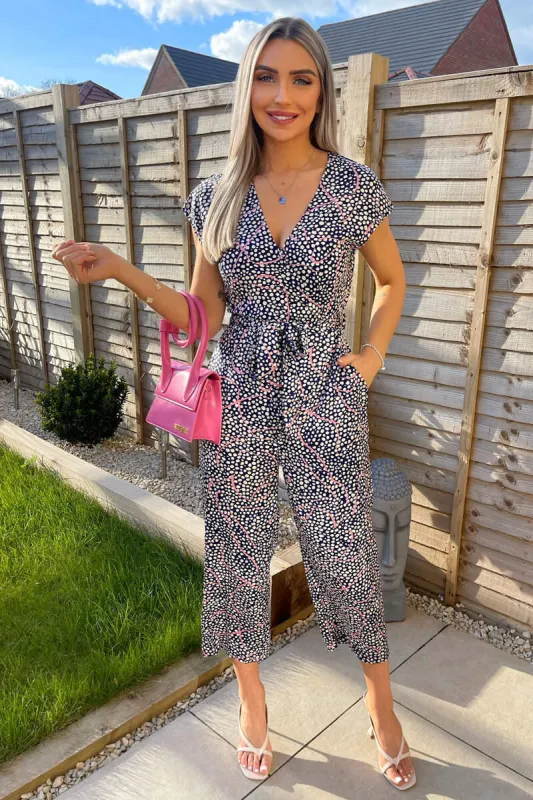 Navy White And Pink Printed Wrap Jumpsuit sold by AX Paris