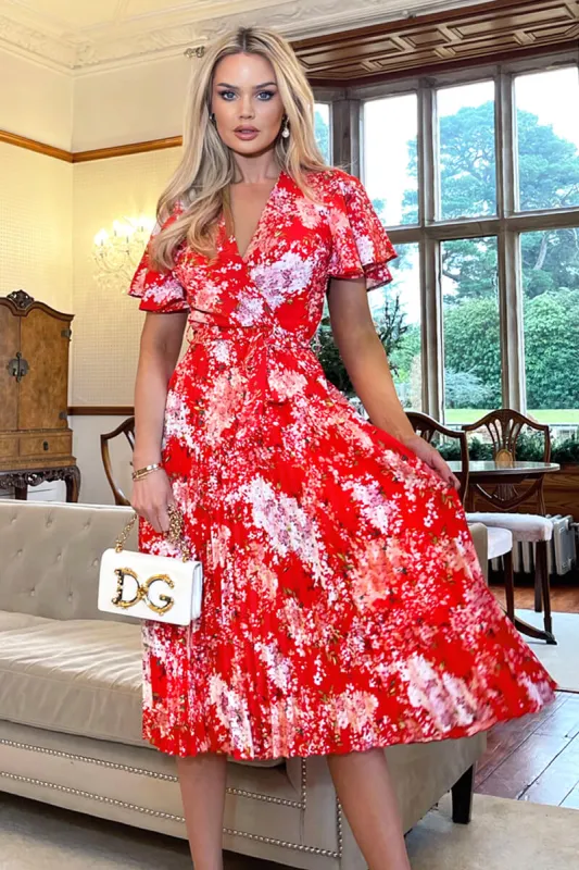 Red Floral Printed Pleated Midi Dress sold by AX Paris