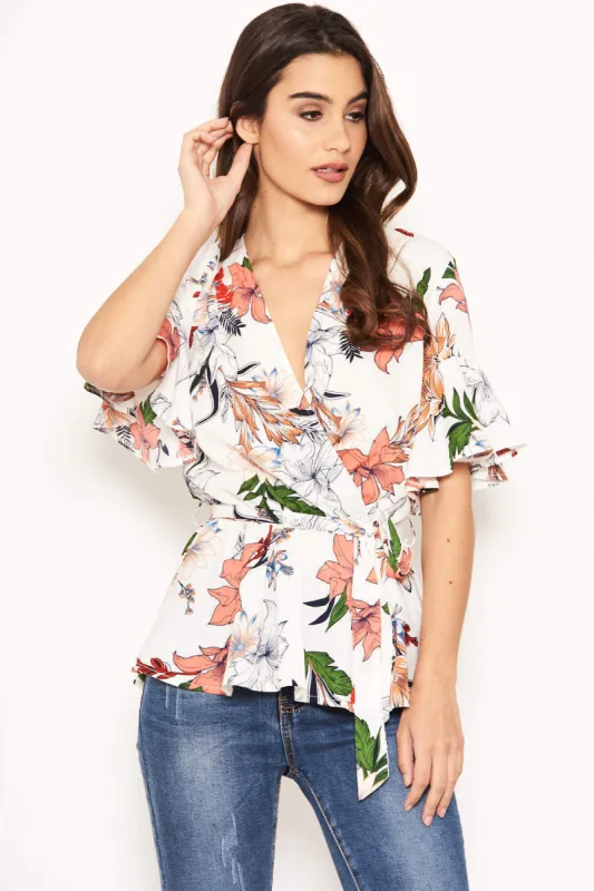 Cream Floral Wrap Top sold by AX Paris