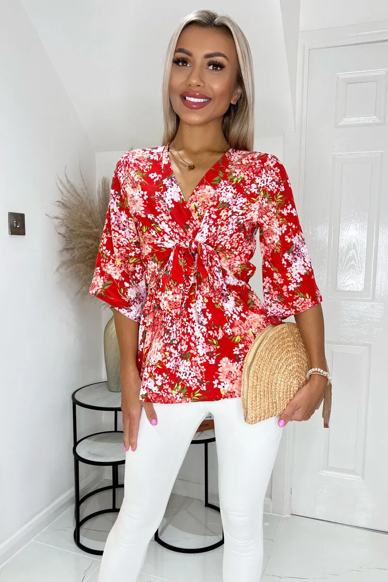 Red Floral Front Tie Wrap Top sold by AX Paris product image thumbnail 3
