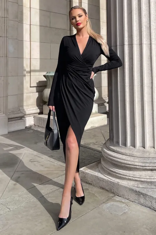 Black Long Sleeve Wrap Midi Dress sold by AX Paris