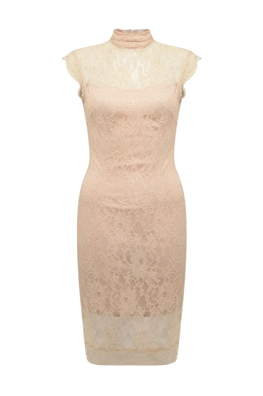 Nude Midi Dress with High Necked Lace Detail sold by AX Paris product image thumbnail 4
