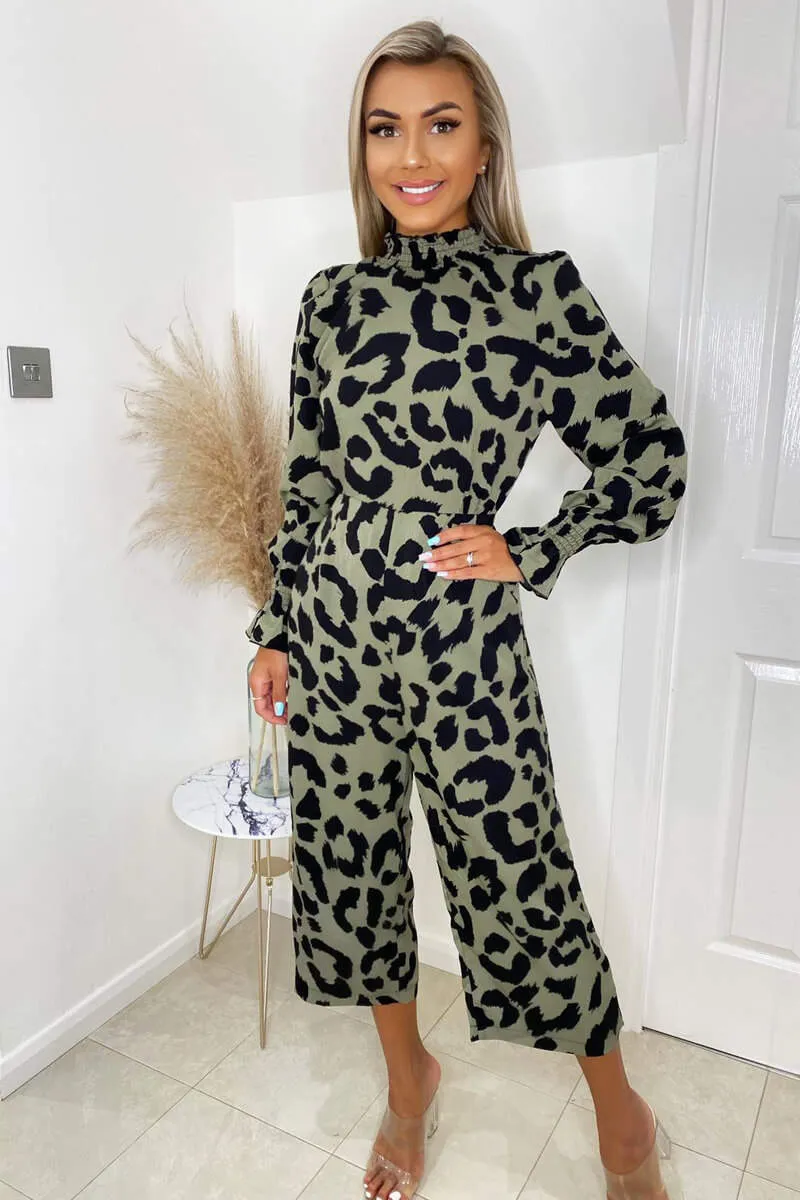 Khaki Elasticated Neck Long Sleeve Culotte Jumpsuit sold by AX Paris