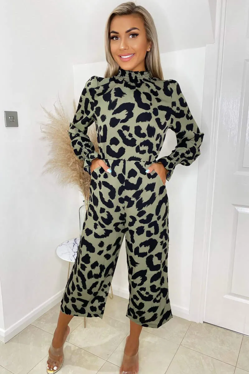 Khaki Elasticated Neck Long Sleeve Culotte Jumpsuit sold by AX Paris product image thumbnail 2