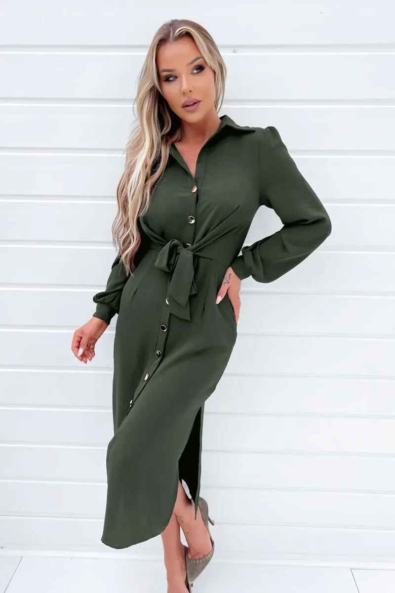 Olive Button Front Tie Shirt Midi Dress sold by AX Paris product image thumbnail 4