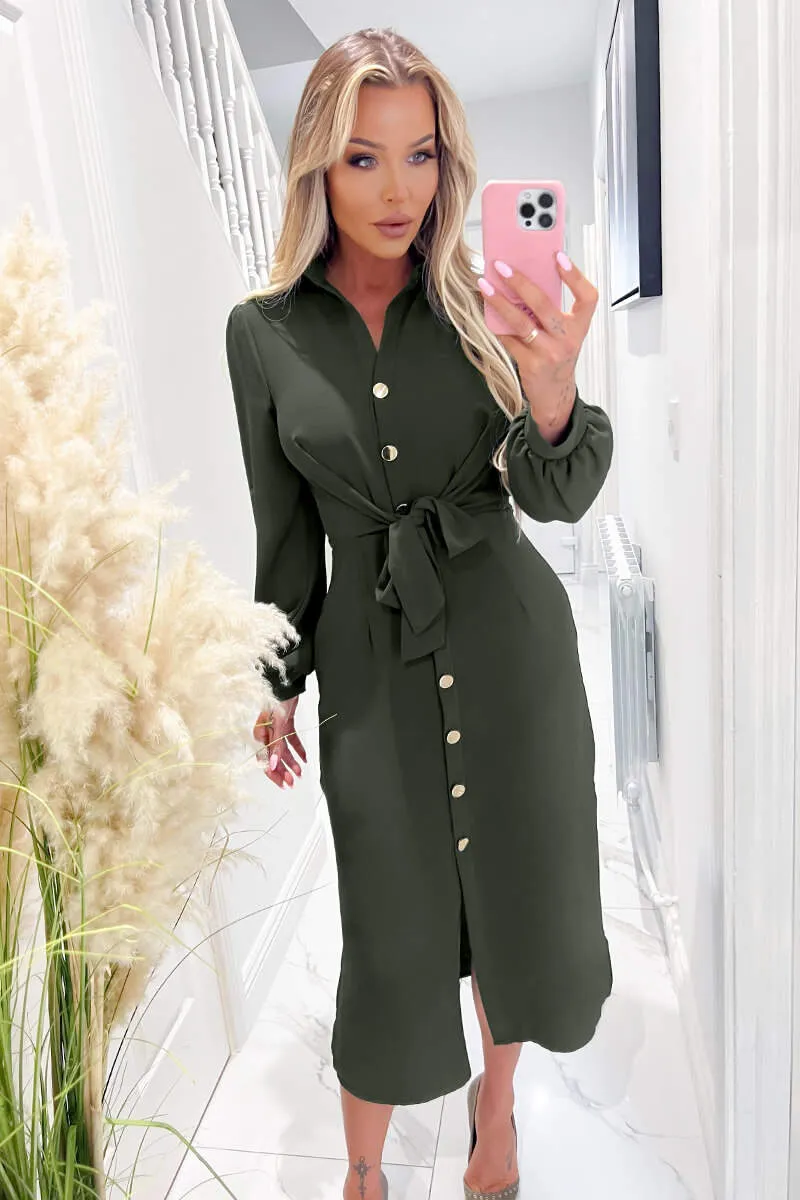 Olive Button Front Tie Shirt Midi Dress sold by AX Paris