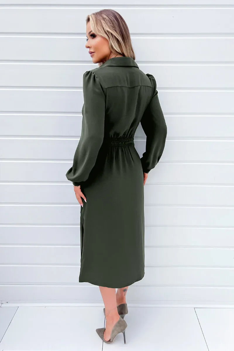 Olive Button Front Tie Shirt Midi Dress sold by AX Paris product image thumbnail 2
