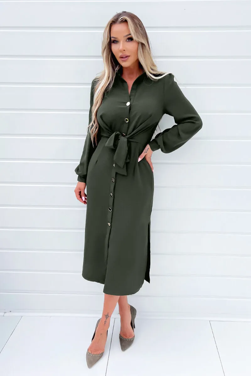 Olive Button Front Tie Shirt Midi Dress sold by AX Paris product image thumbnail 3