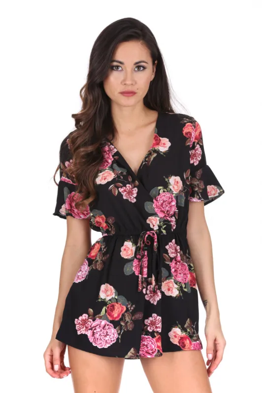 Black Floral V Neck Playsuit sold by AX Paris