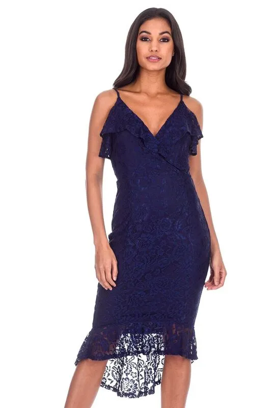 Navy Lace Fishtail Hem Bodycon Dress sold by AX Paris