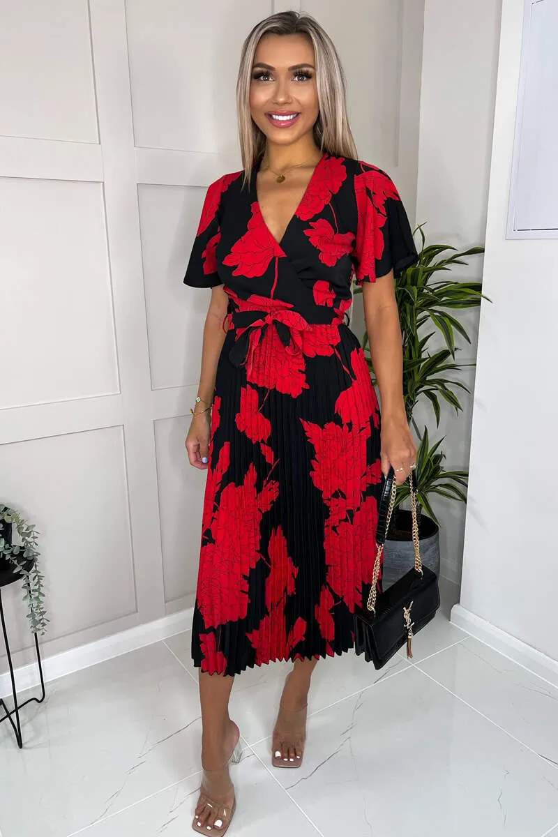 Black And Red Floral Print Pleated Midi Dress sold by AX Paris product image thumbnail 2