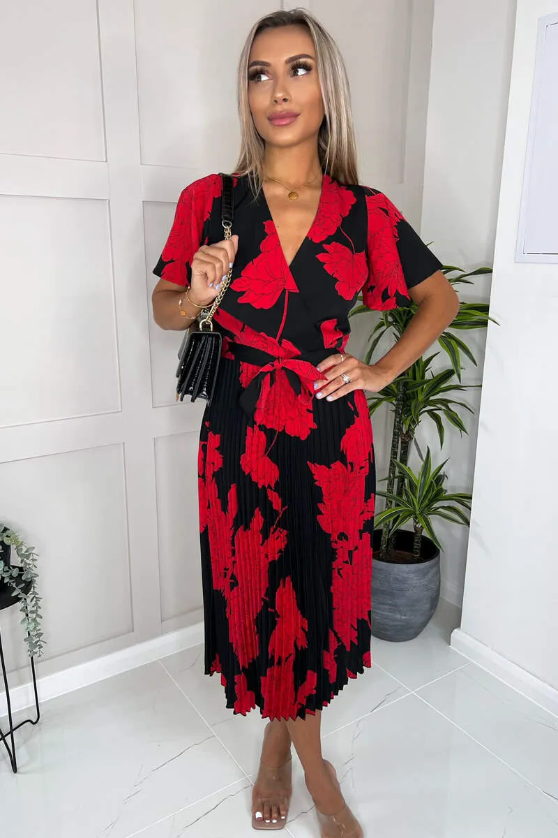 Black And Red Floral Print Pleated Midi Dress sold by AX Paris product image thumbnail 3