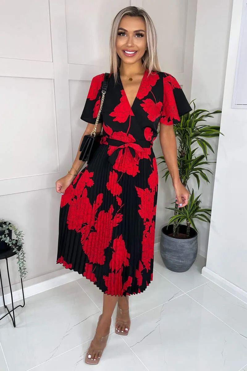 Black And Red Floral Print Pleated Midi Dress sold by AX Paris