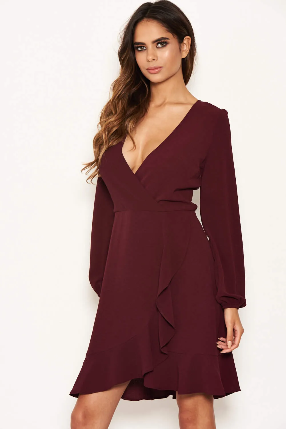 Plum Frill Wrap Long Sleeve Dress sold by AX Paris product image thumbnail 3