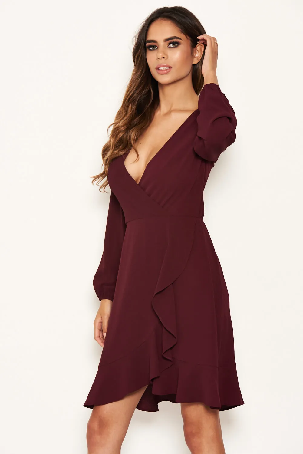 Plum Frill Wrap Long Sleeve Dress sold by AX Paris