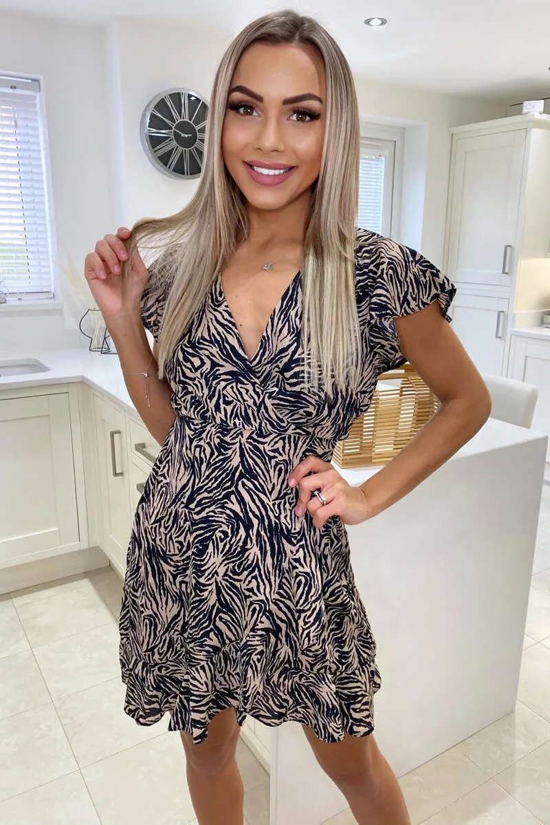 Black Animal Printed Frill Wrap Dress sold by AX Paris