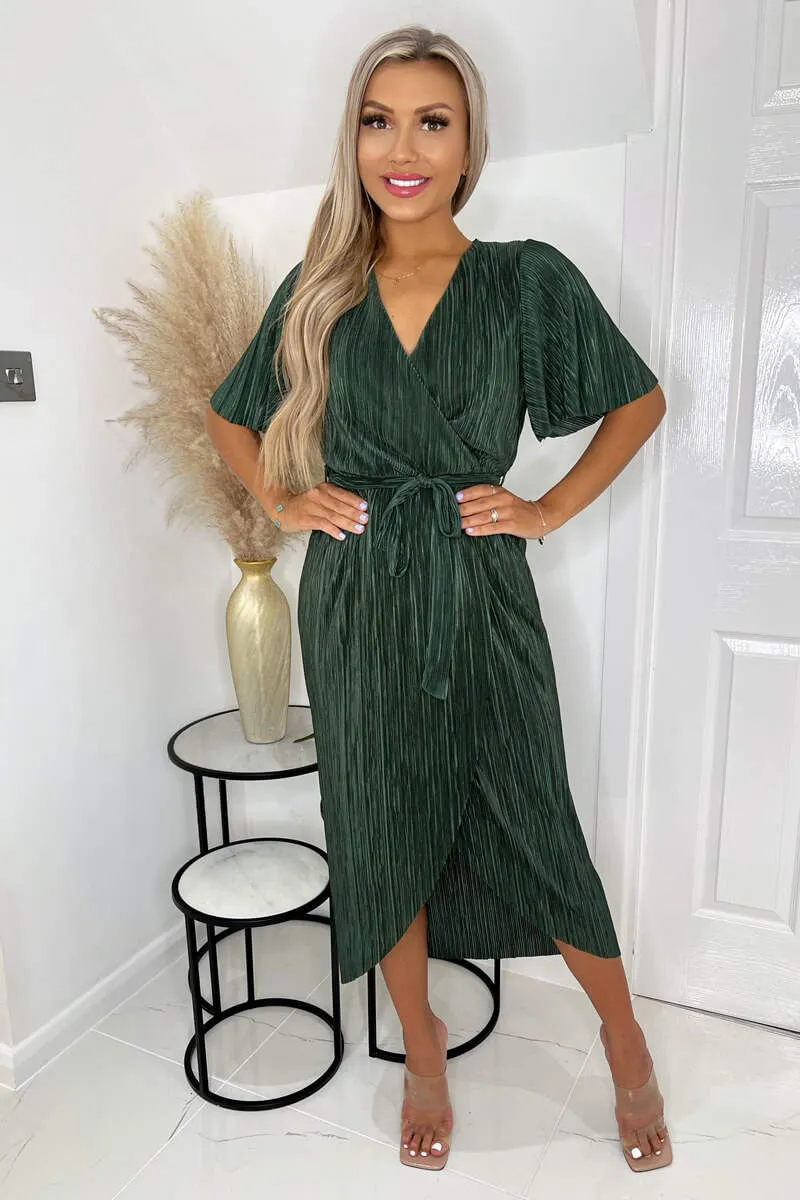 Khaki Wrap Top Belted Short Sleeve Plisse Midi Dress sold by AX Paris product image thumbnail 2