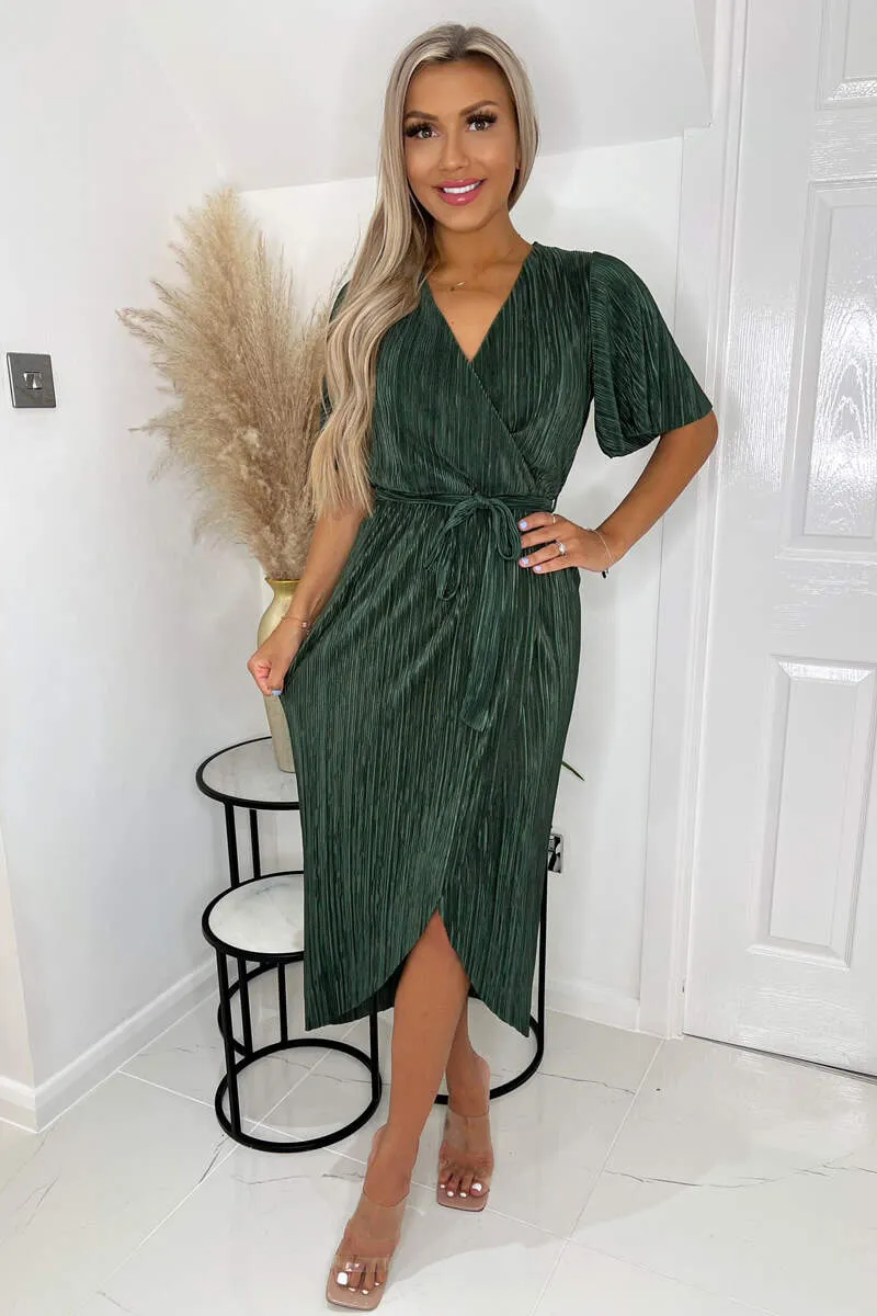 Khaki Wrap Top Belted Short Sleeve Plisse Midi Dress sold by AX Paris