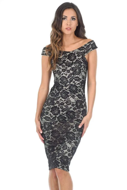 Black And Nude Cross Over Lace Midi Dress sold by AX Paris