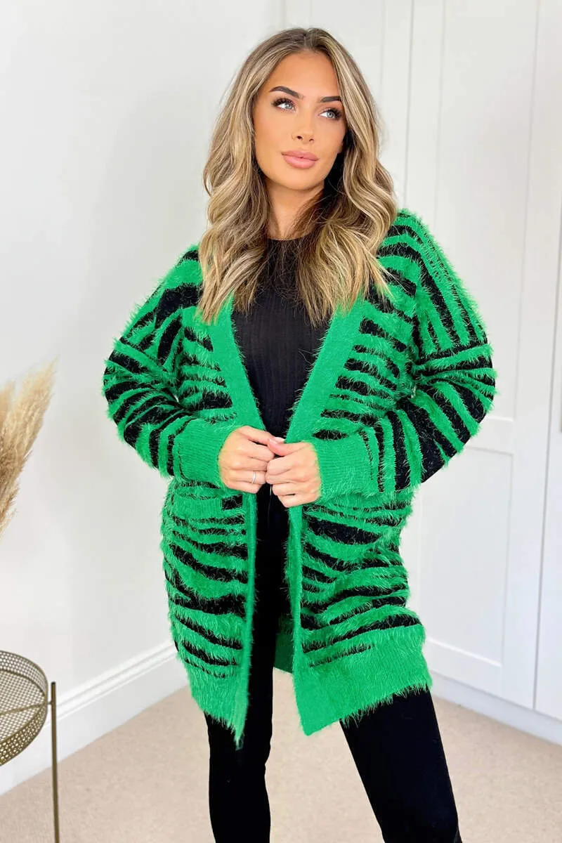 Green And Black Fluffy Knit Long Sleeve Animal Print Cardigan sold by AX Paris product image thumbnail 3