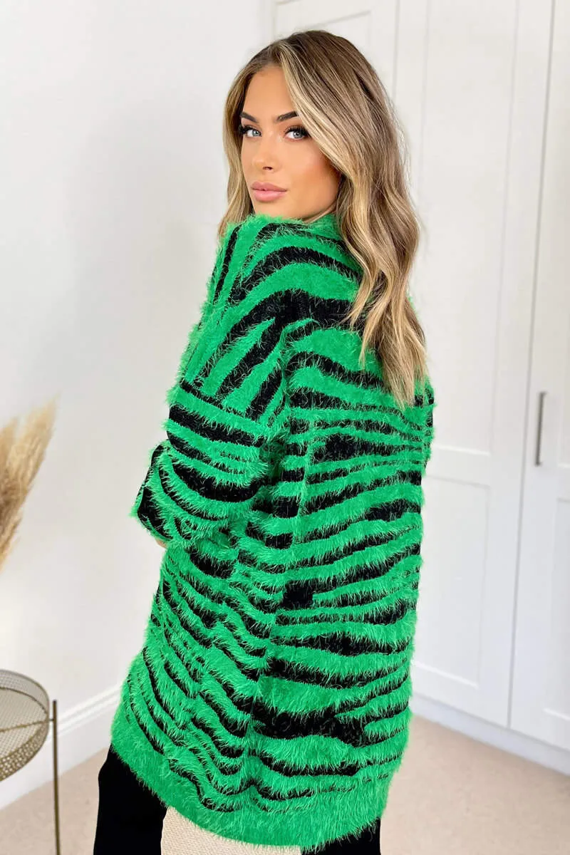 Green And Black Fluffy Knit Long Sleeve Animal Print Cardigan sold by AX Paris product image thumbnail 4