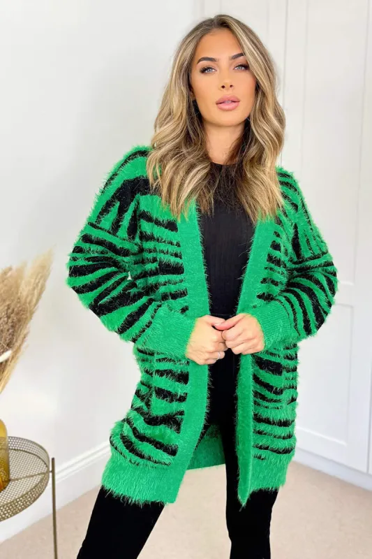 Green And Black Fluffy Knit Long Sleeve Animal Print Cardigan sold by AX Paris