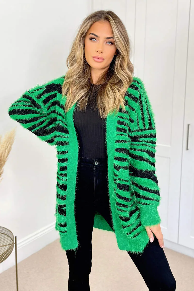Green And Black Fluffy Knit Long Sleeve Animal Print Cardigan sold by AX Paris product image thumbnail 2