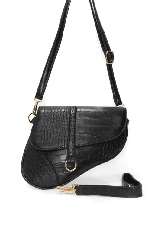 Black Croc Detail Saddle Bag sold by AX Paris