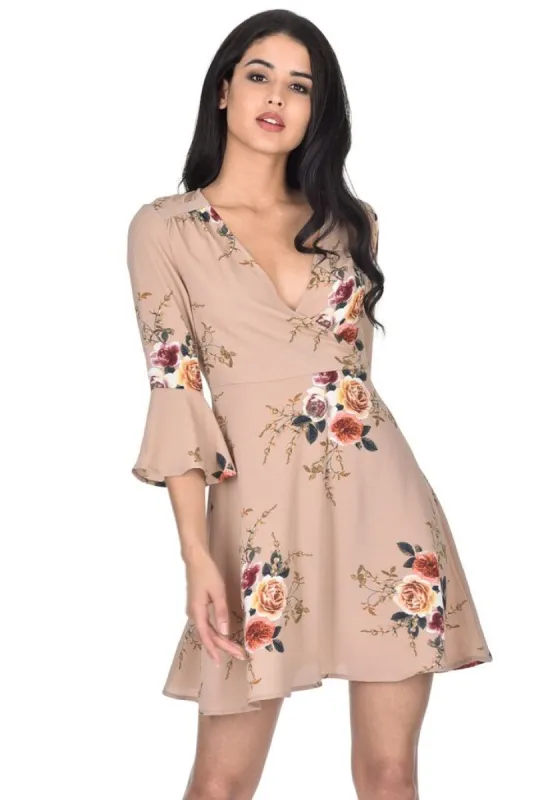Beige Printed Wrap Over Skater Dress sold by AX Paris