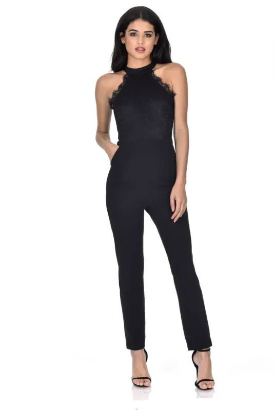 Black Cut In Neck Lace Jumpsuit sold by AX Paris