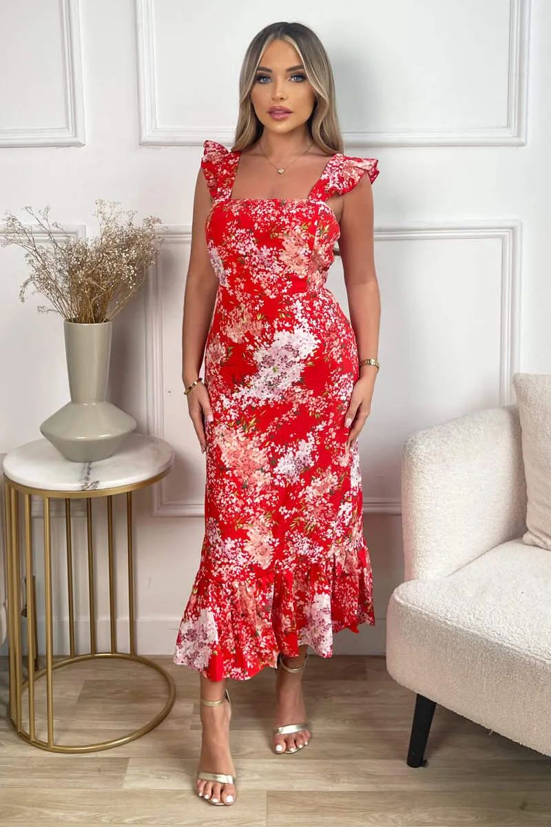 Red Floral Printed Frill Strap Midi Dress sold by AX Paris product image thumbnail 4