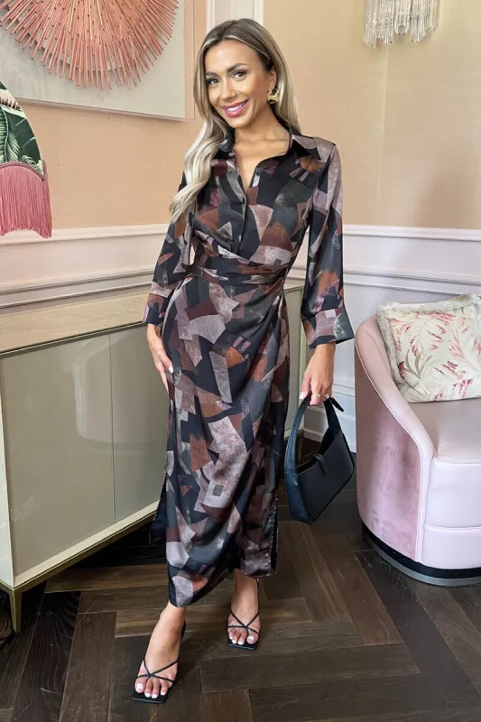 Multi Abstract Print 3/4 Sleeve Shirt Midi Dress sold by AX Paris