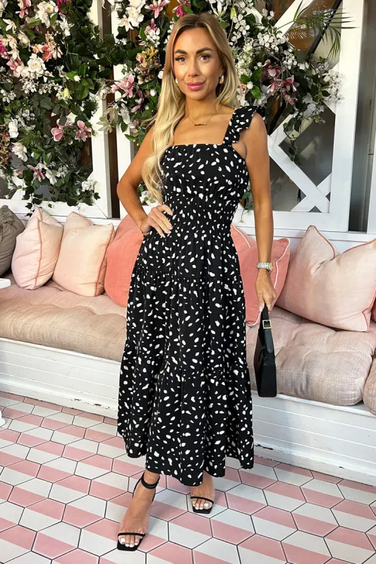 Black Printed Frill Strap Midi Dress sold by AX Paris