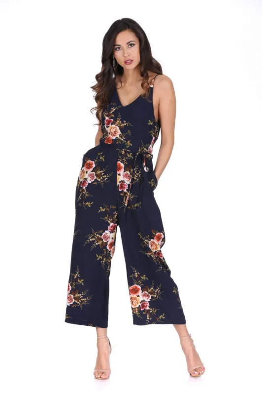 Navy Floral Culotte V Neck Jumpsuit sold by AX Paris