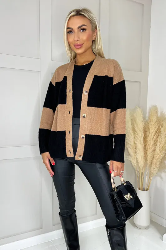 Camel And Black Button Up Stripe Cardigan sold by AX Paris