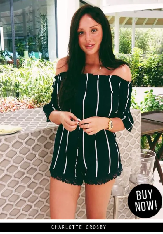 Navy Striped Off The Shoulder Bell Sleeve Playsuit sold by AX Paris